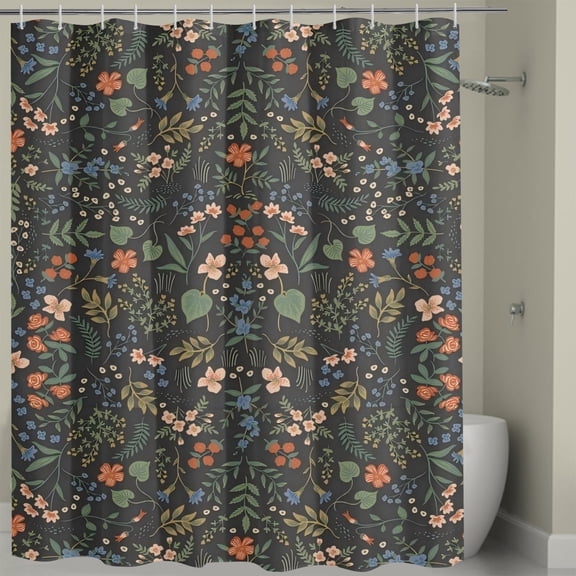 Boho Rustic Floral Black Faux Linen Shower Curtain, Vintage Watercolor Leaves with Flowers Bathroom Decoration Shower Curtain Sets 72x72 Inch with Hooks