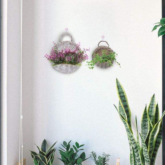 Minkissy 2-Pack Grey Rattan Hanging Flower Pots Wicker for Indoor and Outdoor Garden Wall Decor