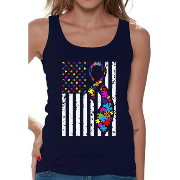 Awkward Styles USA Flag Autism Tank Top for Women Autism Awareness Ribbon Tank Top American Flag Colorful Women's Tank Top Support Autism Awareness Tanks for Women Autistic Spectrum Awareness Tank Top