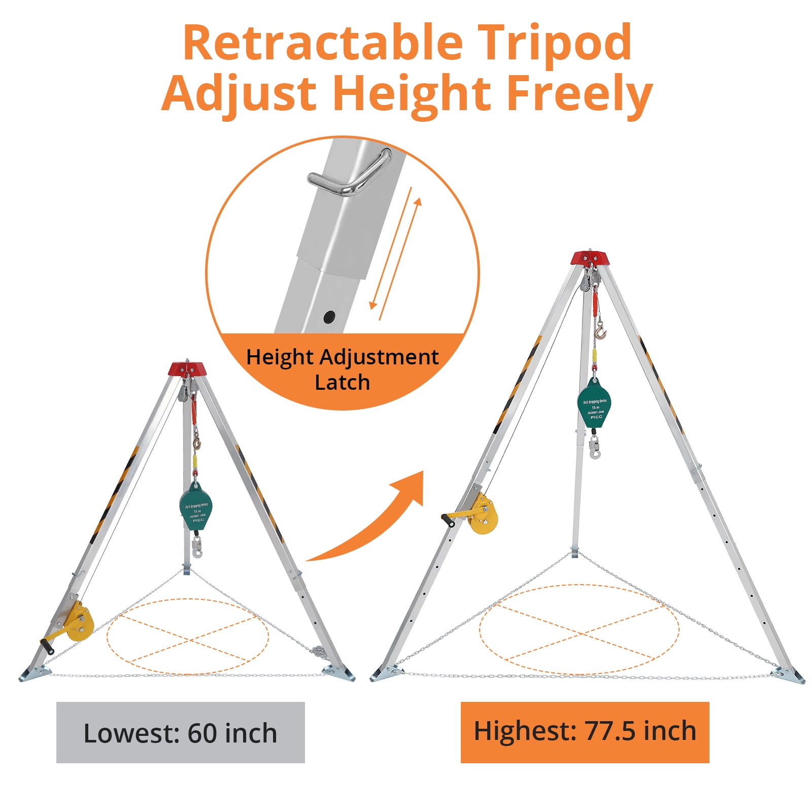 EastVita Confined Space Tripod Kit with 1200 lbs Lifting Winch,Fall Arrester,Sewer Rescue Tripod,Self-Locking Safety Device
