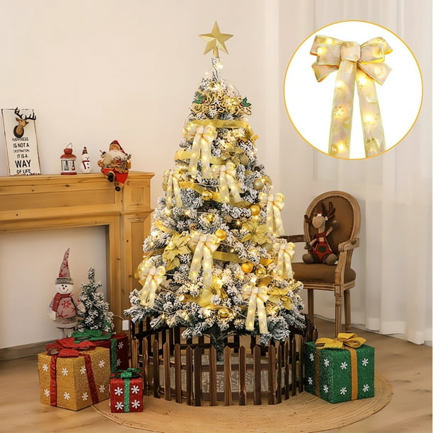 Lazo de cinta dorado iluminado para árbol de Navidad, decoración colgante de 33 x 23 cm, ideal para decorar el árbol de Navidad de invierno, fiestas y regalos.