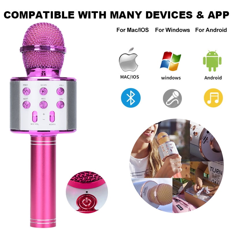 Microphone with Adjustable Selfie Stick for Kids Portable Handheld Karaoke Home Christmas for Smartphone Pink