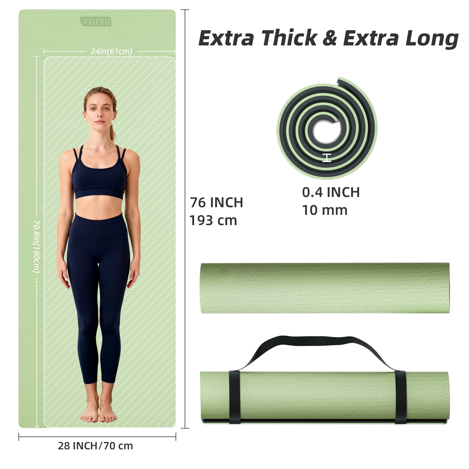 BAIMA Large Yoga Mat Thick Extra Wide and Long ,Roll-up Pilates Mats ,Eco TPE Double-Sided Exercise Pad with Carry Strap(Green+Black)