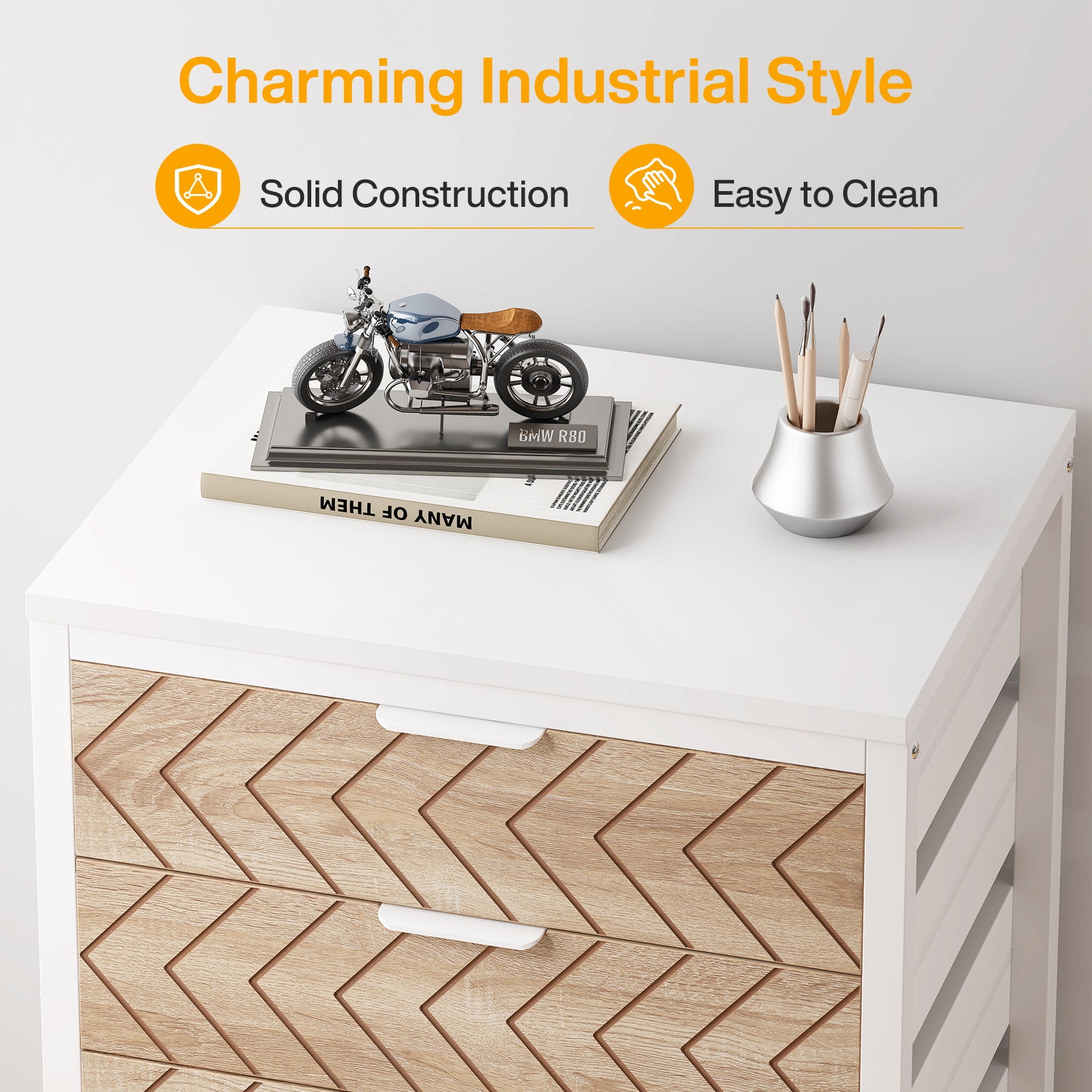 Tribesigns Modern 5-Drawer Dresser for Bedroom, Small Portable Chest of Drawers with Wheels and Metal Frame for Living Room, Beige & White