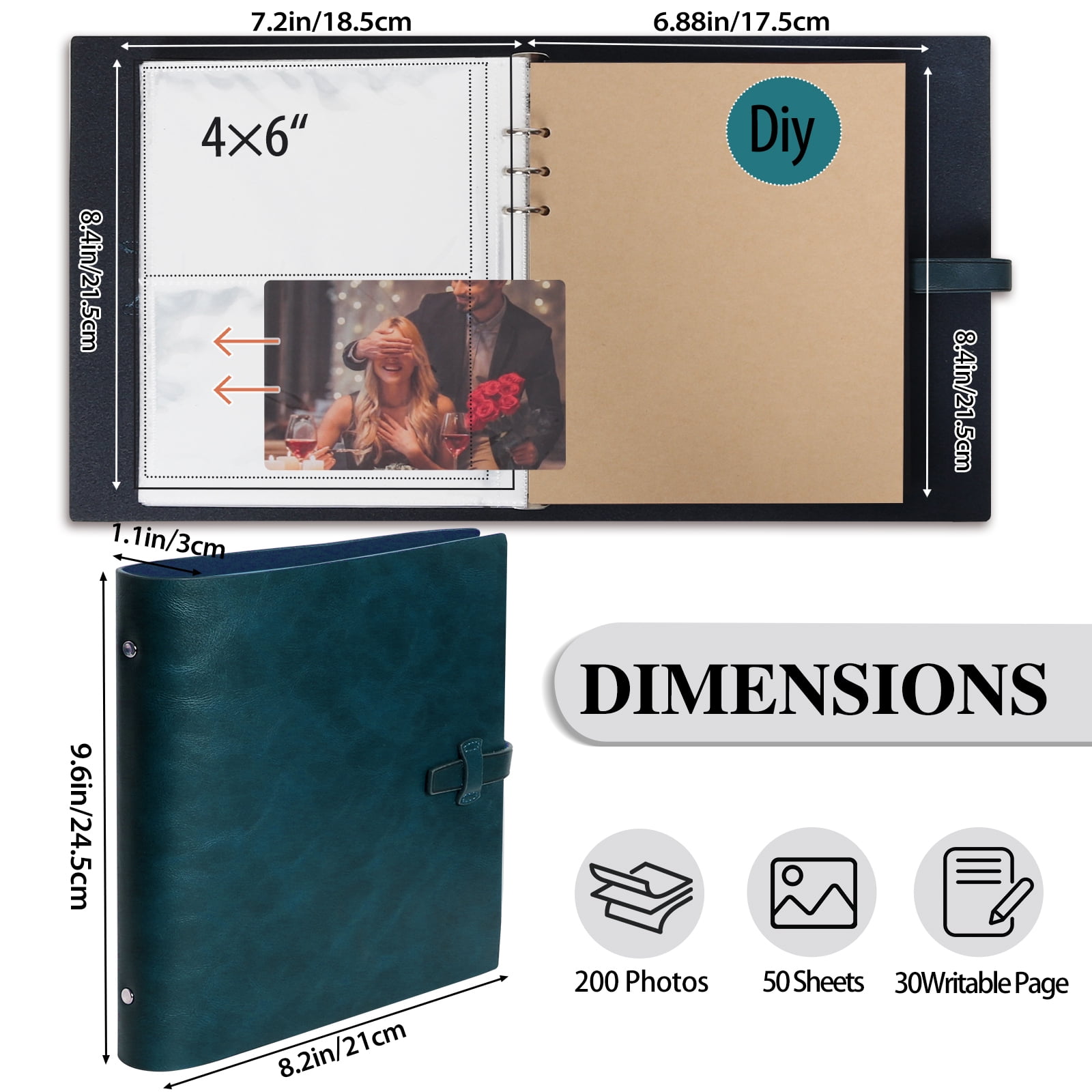 RECUTMS Photo Album Hold 4x6 200 Photos Thick Leather Cover Picture Album with 30 Writing Paper Scrapbook Memory Book Birthday Anniversary (Blue)