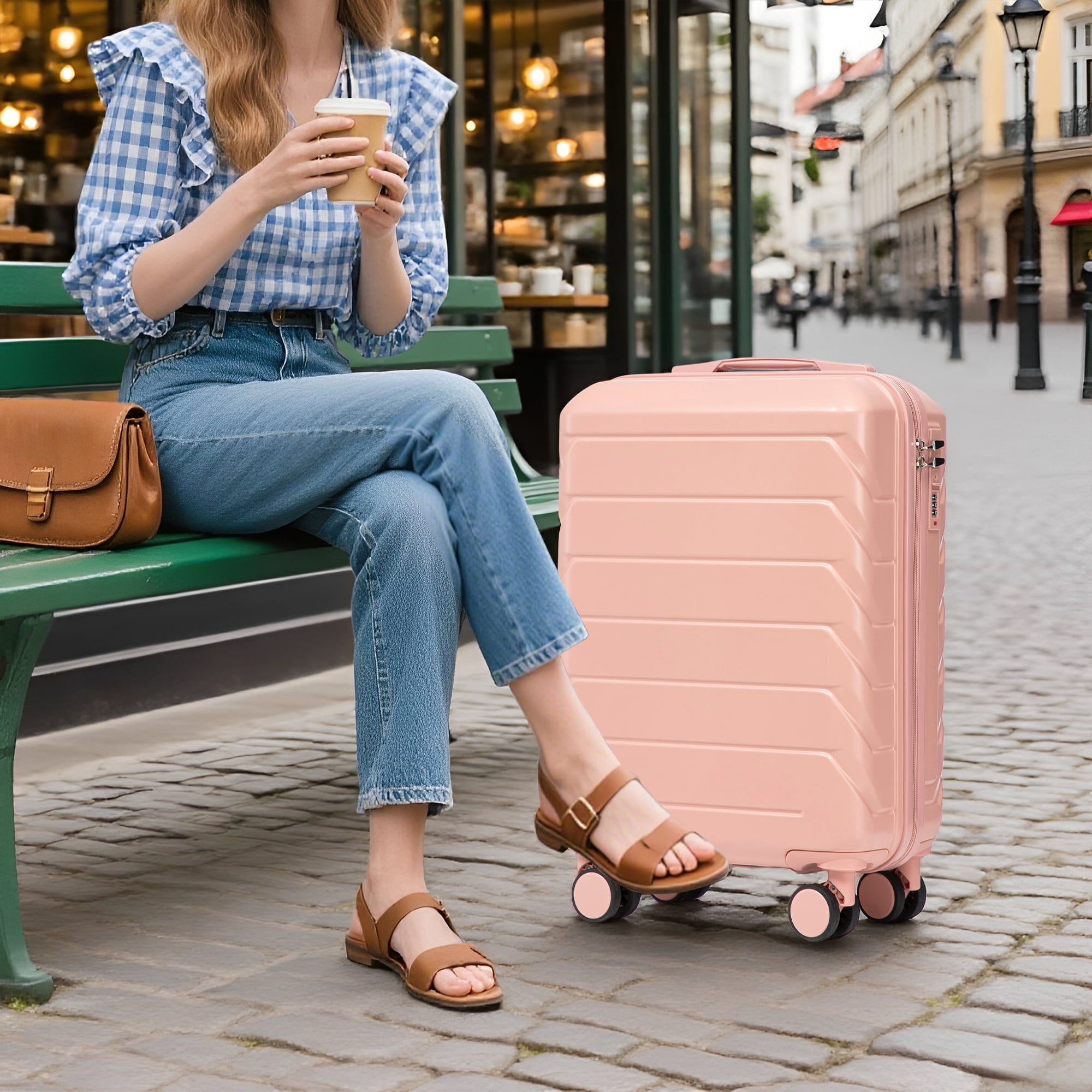 2 Piece in ABS Spinner Wheel Luggage Sets, Hardside Suitcase with Combination Lock,20 inch Carry On Luggage 14 inch Cosmetic Case