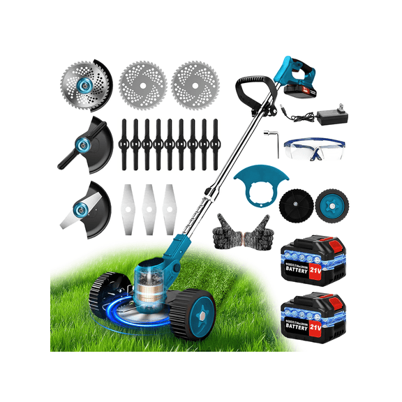 2025 Compact Portable Cordless Electric Lawn Mower/Weeder with 2 High Capacity Lithium Batteries and 3 Types of Blades, Multiple Gifts, Multi-Functional Weeder for Yard and Garden (blue)