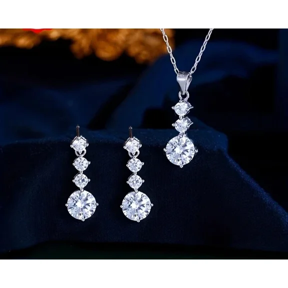 Women's Three Stone Pendant & Dangle Earring Wedding Jewelry Set 14K White Gold Plated 3.00Ct Round Cut Simulated Diamond 925 Silver