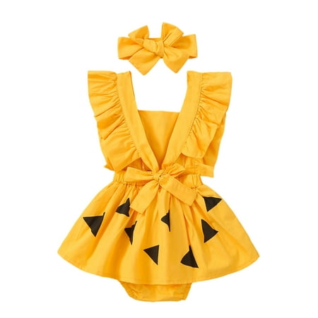 

Summer Halloween Romper Infant Newborn Baby Cute Bodysuits Girls Boys Ruffles Short Sleeve Triangle Print Jumpsuits+Headband Clothes Set
