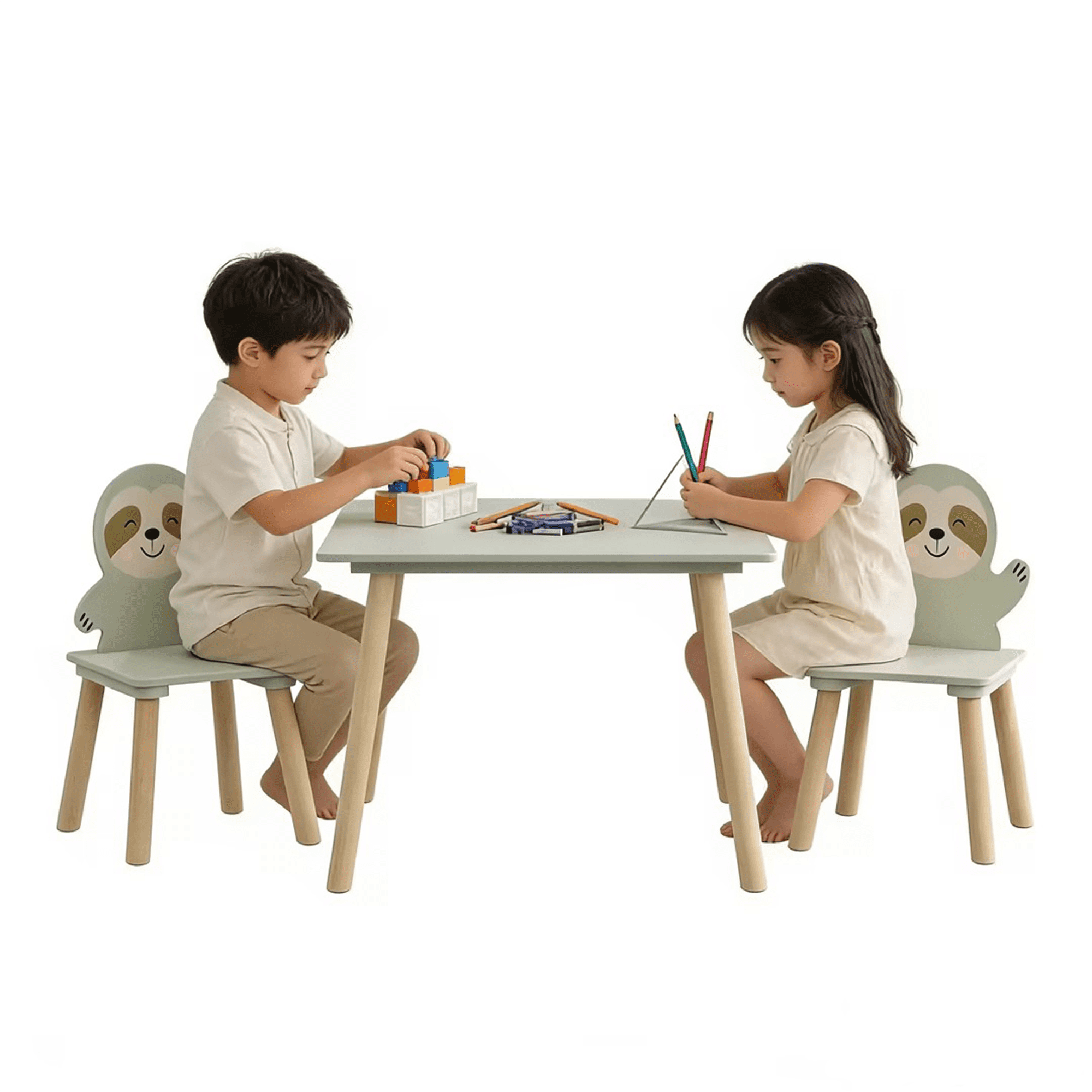 Kids Table and 2 Sloth Chairs Set, Wooden Toddler Activity Play Study Table, Cute Animal Design for Ages 2-8, Playroom Bedroom Classroom