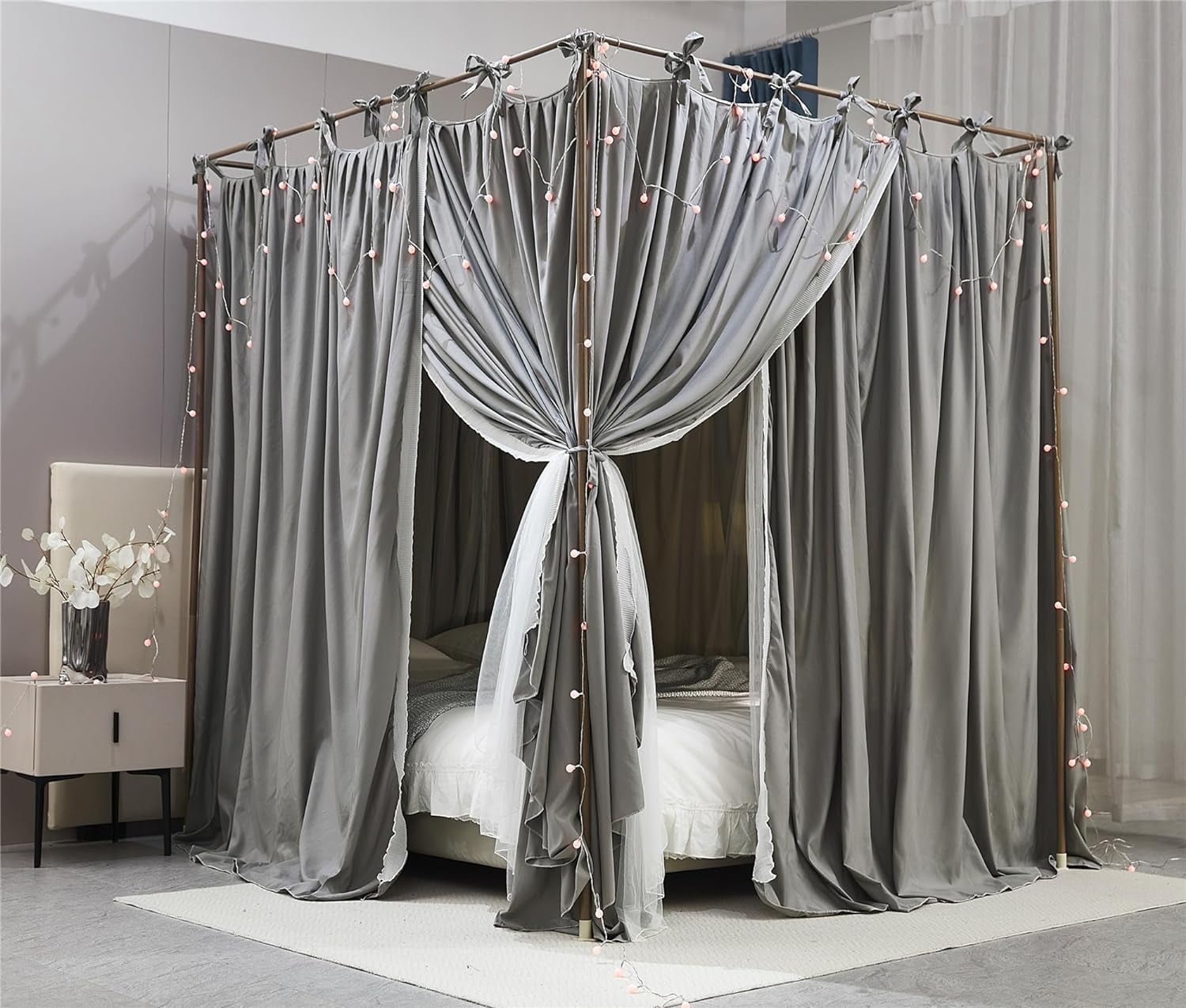 4 Corners Post Princess Curtain Bed Canopy Double Layer Cozy Mosquito Net Mesh and Cloth for Girls Adults Bedroom Decoration (Double-Grey/White, 53" W*78" L*82"*H/(Full))