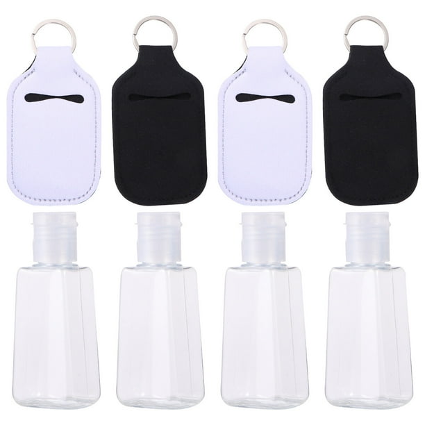 Juego de 4 botellas vacías de 30 ml con llavero para desinfectante de manos, rellenables, con llavero para jabón, loción y líquidos (4 botellas + 4 fundas)