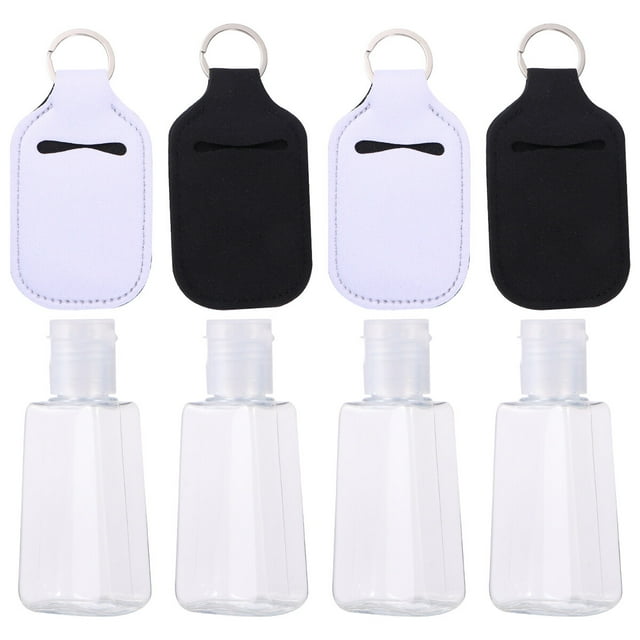 4 Set 30ml Empty Bottle and Keychain Holder Refillable Hand Sanitizer Bottles with Keychain Carriers for Soap Lotion and Liquids (4pcs Bottles + 4pcs Covers)