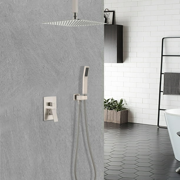 Ceiling Mounted Shower System Combo Set With 12 Inches Square Rain Head Handheld And Faucet Brushed Nickel Com Ceiling Mounted Shower System Combo Set, Ceiling Mounted Shower Head With Handheld