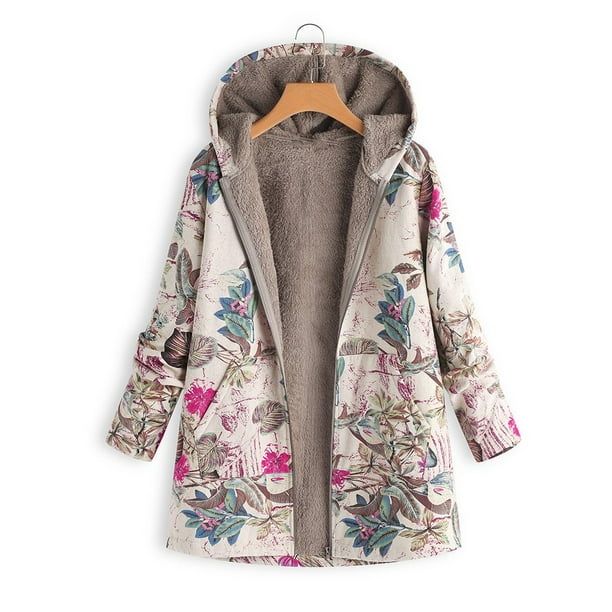 Lolmot Womens Winter Warm Outwear Floral Print Hooded Pockets Vintage ...