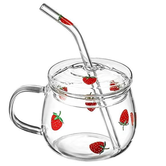 Glass Tumbler with Strawberry Pattern 16 oz, Cold Drink Cup with Lid and Straw, Heat Resistant Clear Juice Glass, Cute Fruit Design Drinking Cup for Summer Beverages