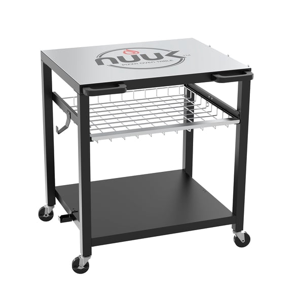 NUUK Double-Shelf Rolling Outdoor Pizza Oven Table, Portable BBQ Grill Stand and Food Prep Station with Storage Drawer