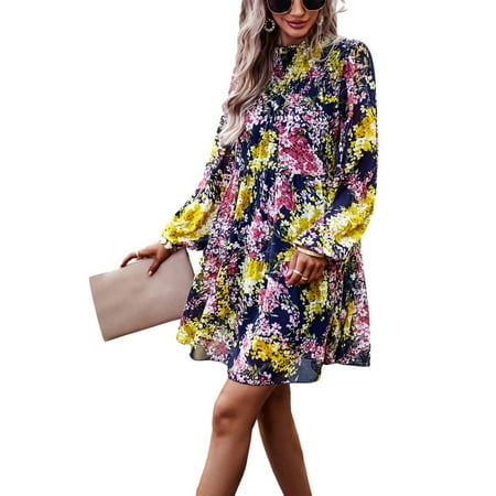 Valcatch Women s Casual Floral Dress Mock Neck Long Sleeve Flowy Boho Dresses