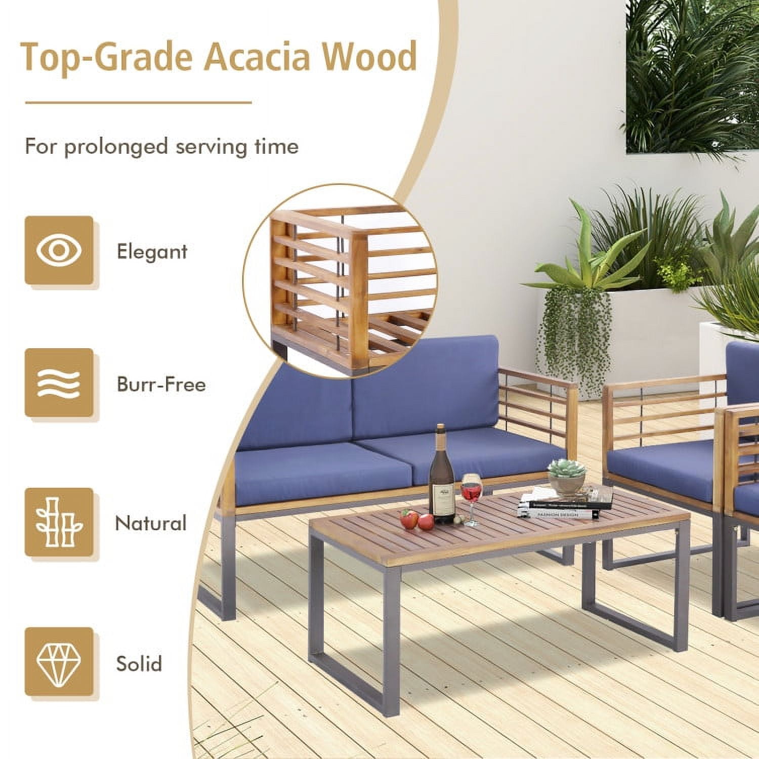 Aimee Lii 4 Pieces Patio Acacia Wood Conversation Set with Coffee Table, Patio Table and Chairs Set, Outdoor Patio Set, Navy Aimee Lii 4 Pieces Patio Acacia Wood Conversation Set with Coffee Table, Patio Table and Chairs Set, Outdoor Patio Set, Navy