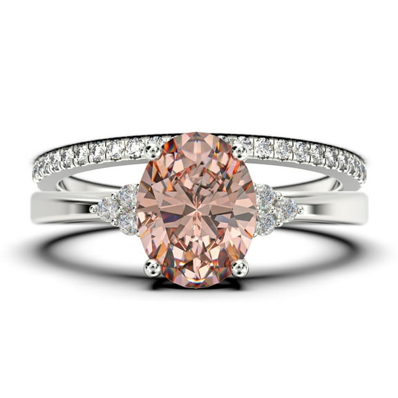 Dazzling Minimalist 2.00 Carat Oval Cut Morganite And Diamond Moissanite Engagement Ring, Wedding Ring, One Matching Band in Silver With 18k White Gold Plating Gift For Loveria, Promise Ring