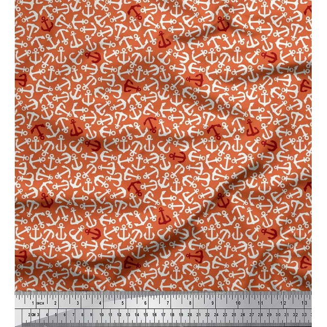 Soimoi Polyester Crepe Fabric Anchor Hook Nautical Print Fabric by Yard 42 Inch Wide