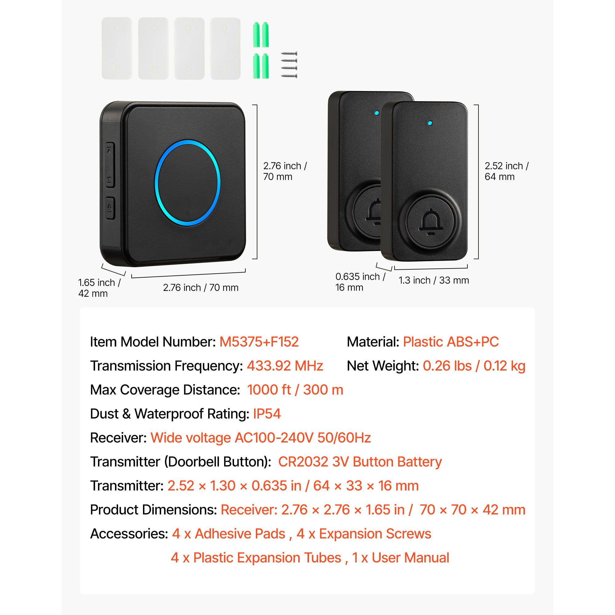 Wireless Doorbell Kit 1000ft Long Range, 2 Transmitters & 1 Receiver, 48 Ringtones IP54 Waterproof Door Bell with LED Silent Mode for Home Classroom Office Shop