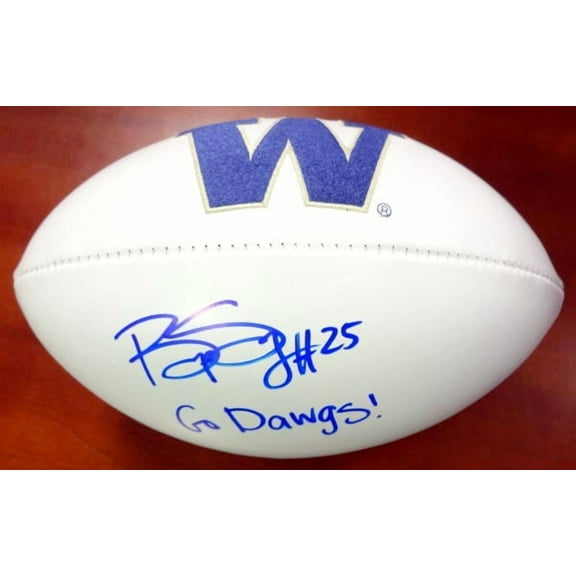 Bishop Sankey Autographed White Logo Football Washington Huskies "Go Dawgs!" MCS Holo 73082