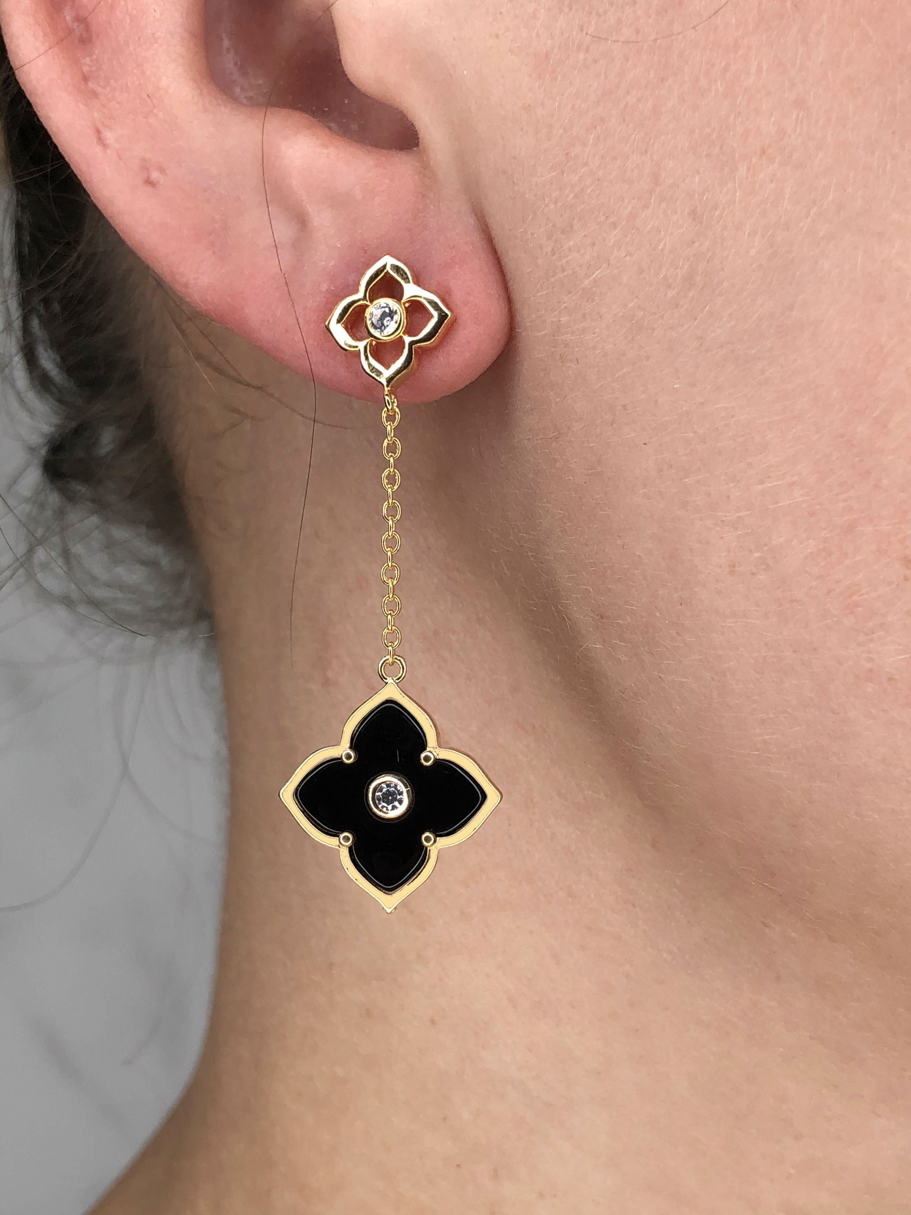 Black Onyx Flower Dangle Drop Earrings for Women in 925 Sterling Silver with Yellow Gold Plating Friction Back by Lavari Jewelers