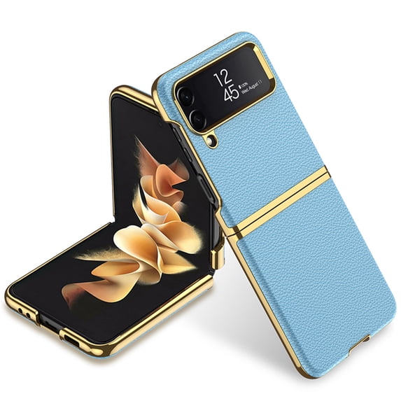 Compatible with Samsung Galaxy Z Flip 4 Case, Electroplated Bumper PU Leather Luxury Protective Ultra-Thin Shockproof Glossy Design Back Phone Cover For Samsung Z Flip 4,Blue