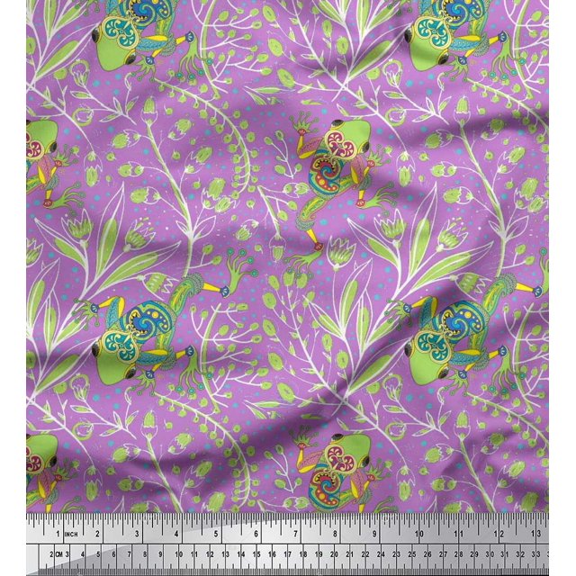 Soimoi Poly Georgette Fabric Dot,Leaves & Lizard Reptile Printed Fabric 1 Yard 42 Inch Wide