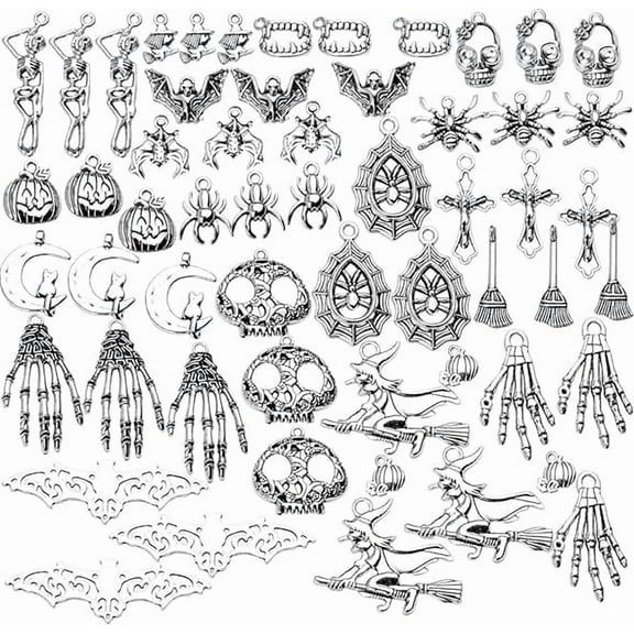 Aylifu Halloween Charms,100 Grams(About 55-60 Pieces) Assorted Silver Pendants Skeleton Pumpkin Bat Witch Collection for Jewelry Making Key Rings Crafts