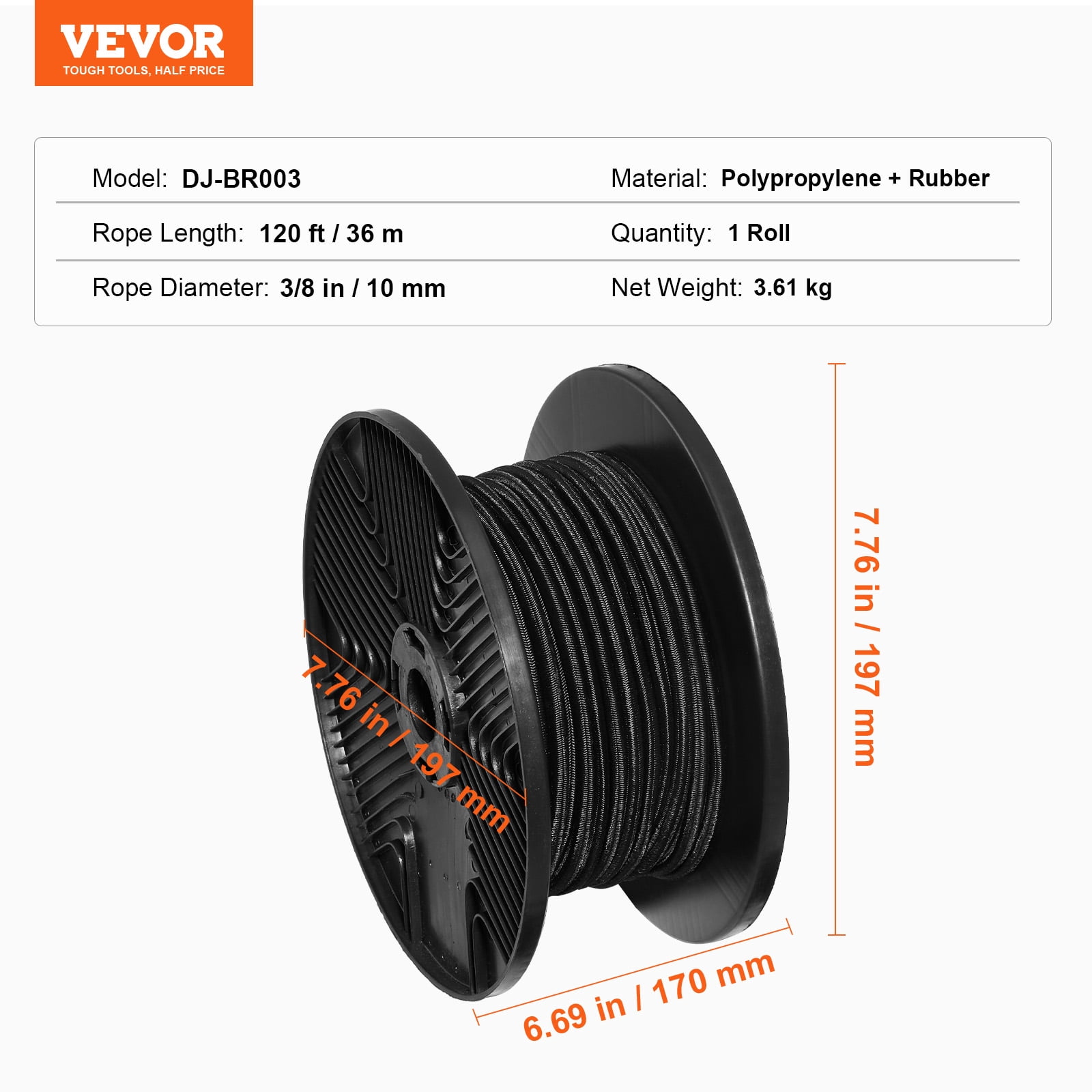 VEVOR 3/8 inch Bungee Cord, 120 ft/36 m Spool Heavy Duty Bungee Straps, 100% Stretch Elastic Bungee Rope for Cargo, Tarps, Camping, Kayak Deck and Crafting, Black