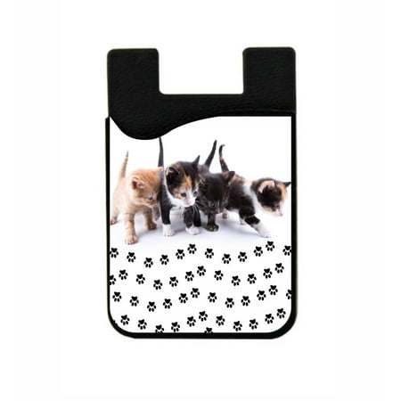 Kittys And Paw Prints  - Stick On Adhesive Black Silicon Card Holder/ Pocket for Cell Phones