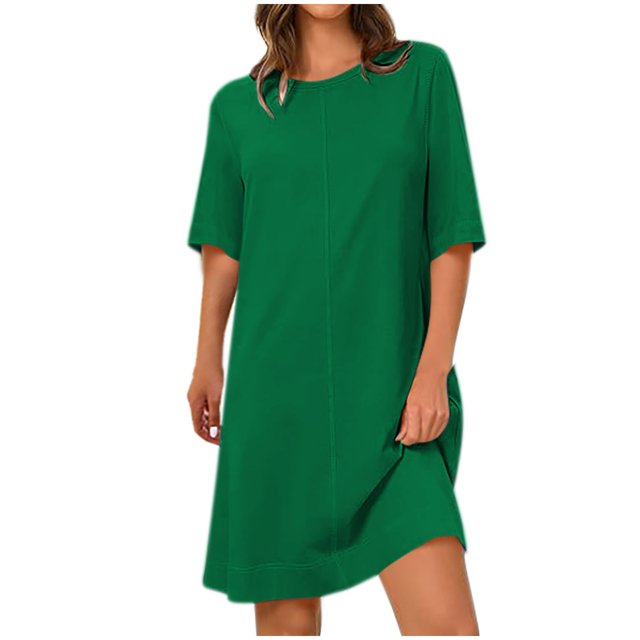 yoeyez Robes pour Femmes Décontractées d'Été à Manches Courtes Grande Taille Robe T-Shirt Col Rond Longueur Genou Robes Midi Coupe Ample Couleur Unie Robe Mini Vert,G