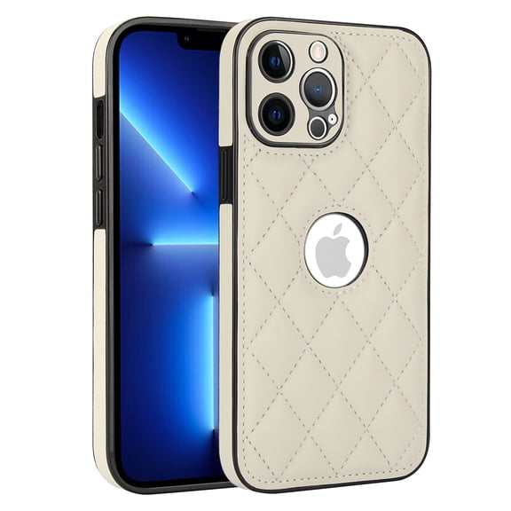 Compatible WIth iPhone 13 Pro Phone Case with Logo Window,Trendy Diamond-checkered Pattern PU Leather Soft TPU Ultra Slim Anti-fall Shockproof Protective Back Cover Phone Case,White
