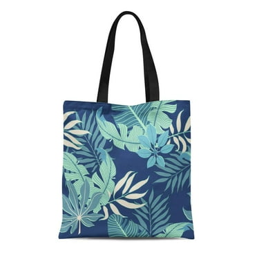ASHLEIGH Canvas Bag Resuable Tote Grocery Shopping Bags Summer Exotic Floral Tropical Palm Leaves Abstract Plant Flower Nature in Blue Tote Bag