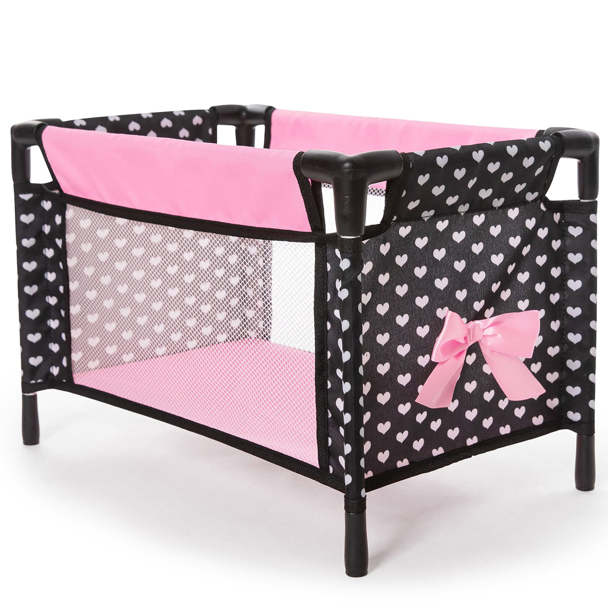 Bayer Design Dolls: Xeo Mega 10 Piece Set - Black, Pink, Hearts - Pram, Bed, Handbag, Feeding & Care Accessories For Dolls Up to 18", Toy, Kids Age 3+