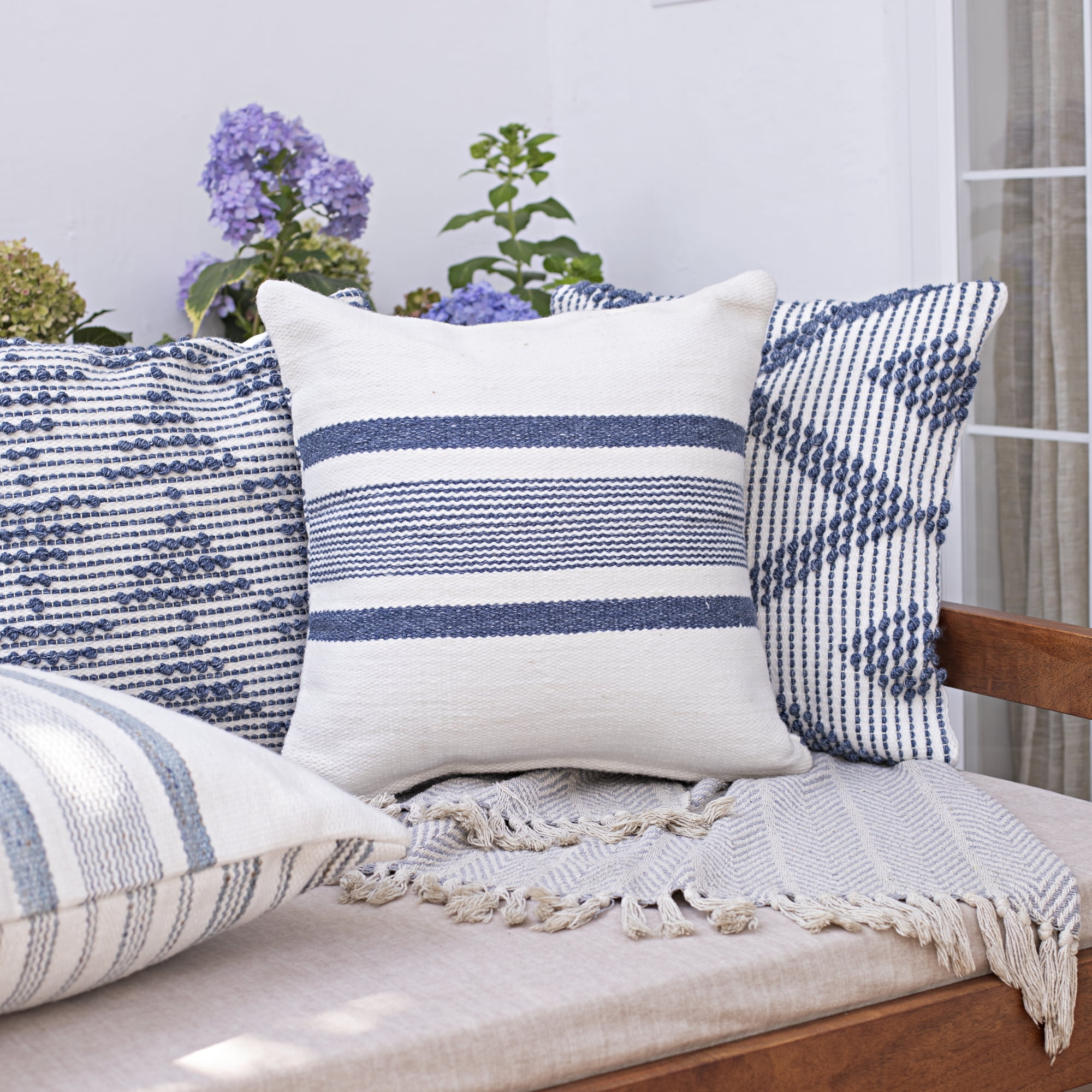 Ox Bay Petra 20" x 20" Navy/White Striped Reversible Indoor/Outdoor Adult Decorative Throw Pillow