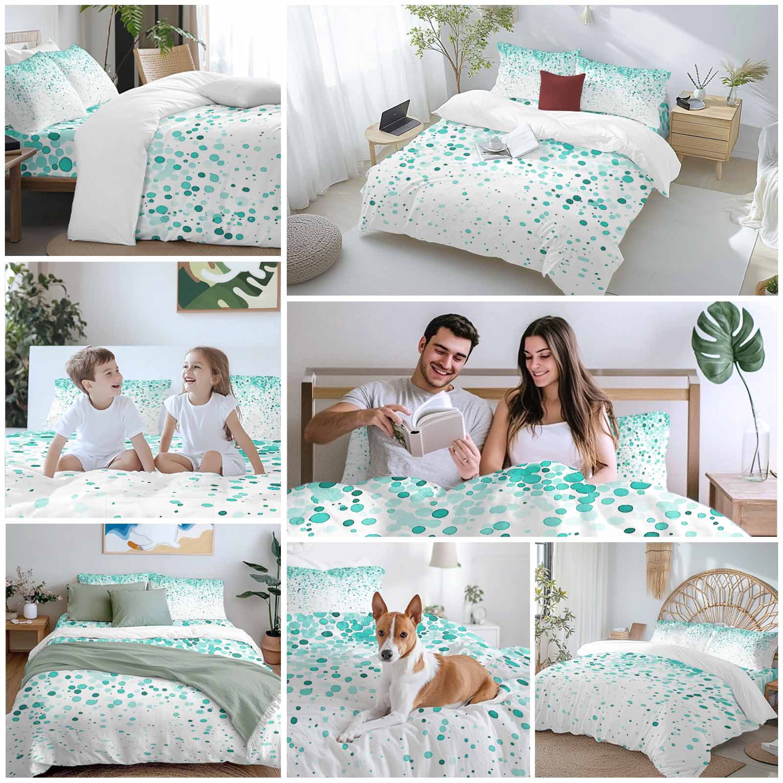 Teal Polka Dot Bedding Duvet Cover Set Queen Size 4 Pieces Watercolor Teal Gradient Abstract Modern Bedding Set with Zipper Closure, 1 Comforter Cover 90x92 Inches 1 Flat Sheet & 2 Pillow Cases