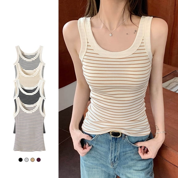 Summer Tank Tops for Women 2026 Summer Striped Print Crew Neck T Shirts Casual Slim Fit Sleeveless Standard Straps Summer Tops