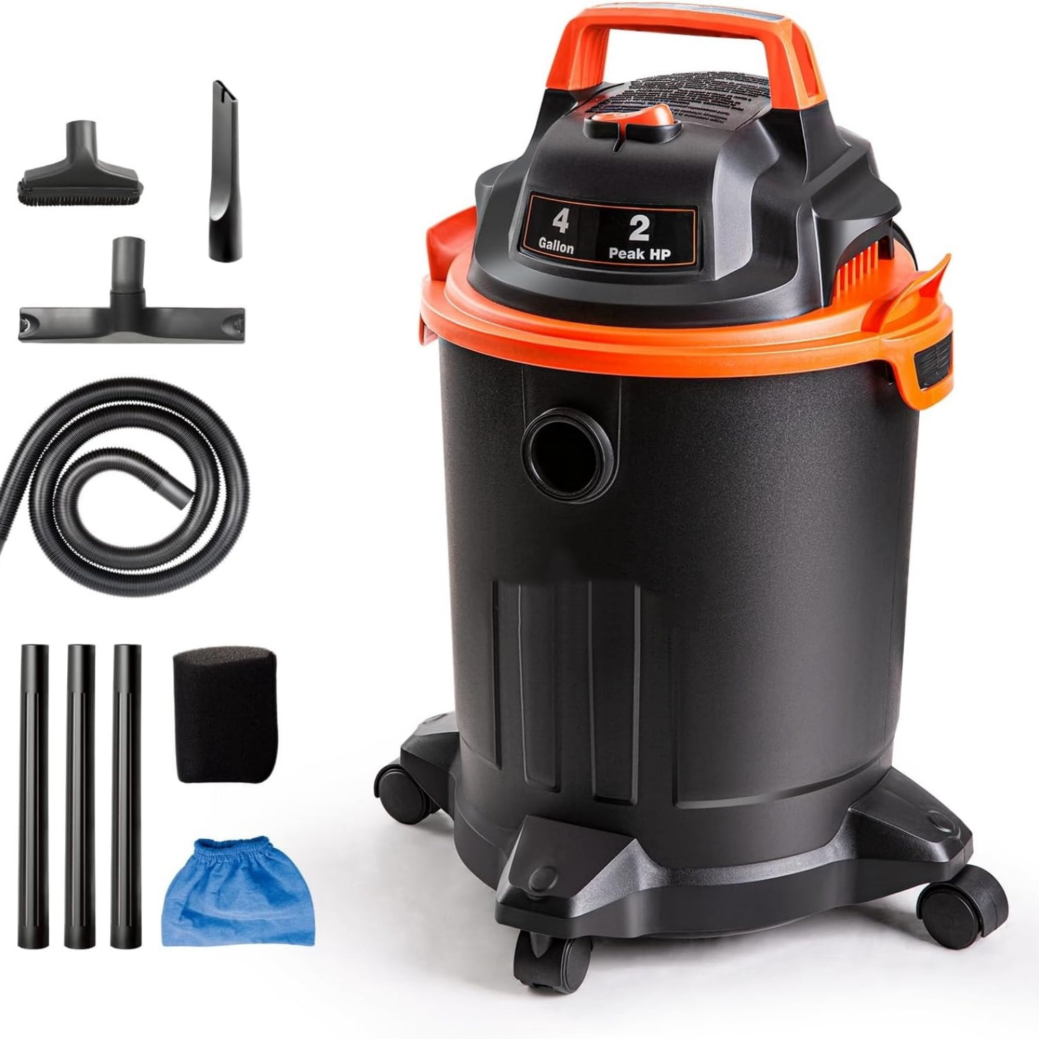 4 Gallon Wet/Dry Vac 2.0 Peak HP Shop Vacuum with Nozzles & Brush,Black/Orange