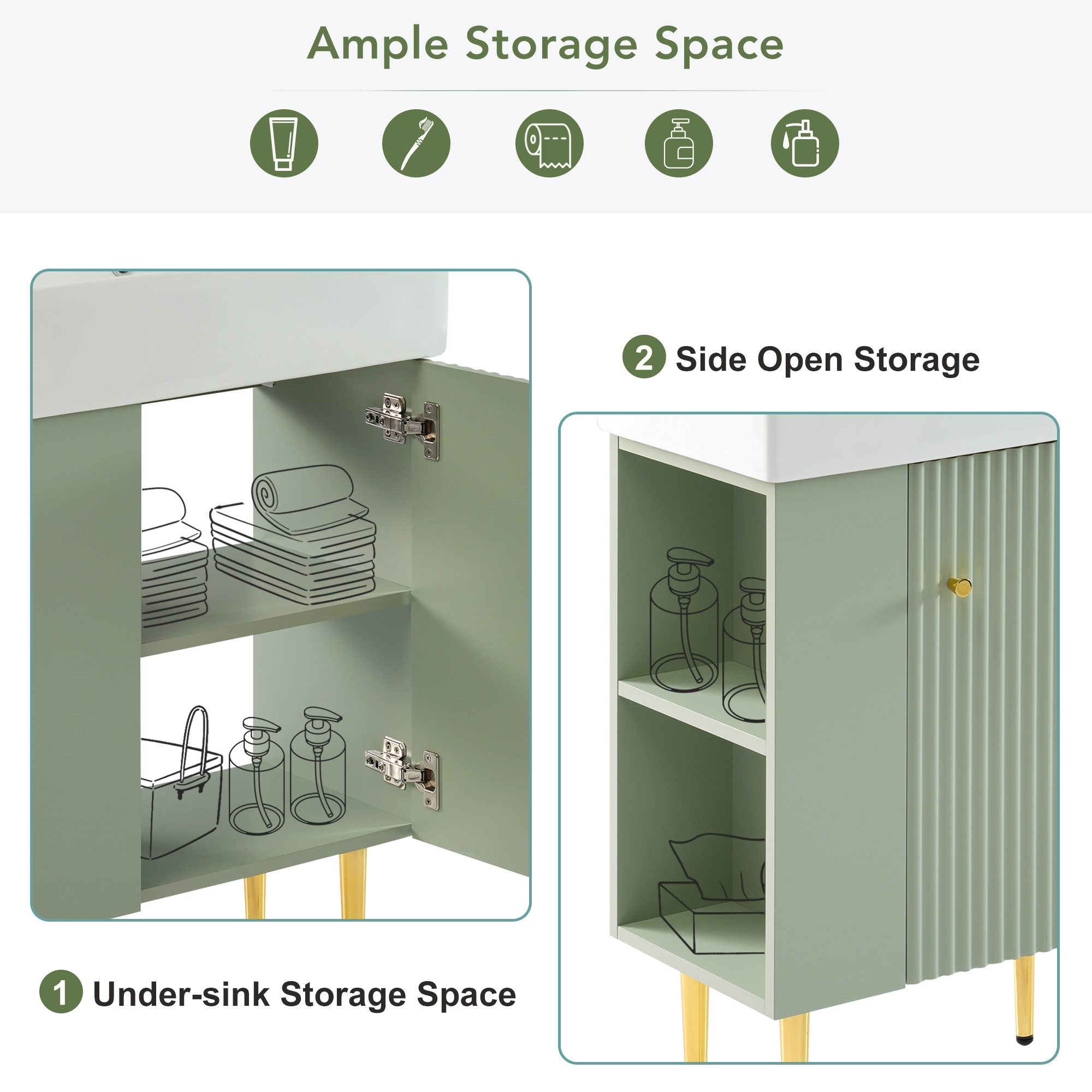 Euroco 21.6" Green Bathroom vanity, Combo Cabinet, Bathroom Storage Cabinet, Single Ceramic Sink, Left side storage