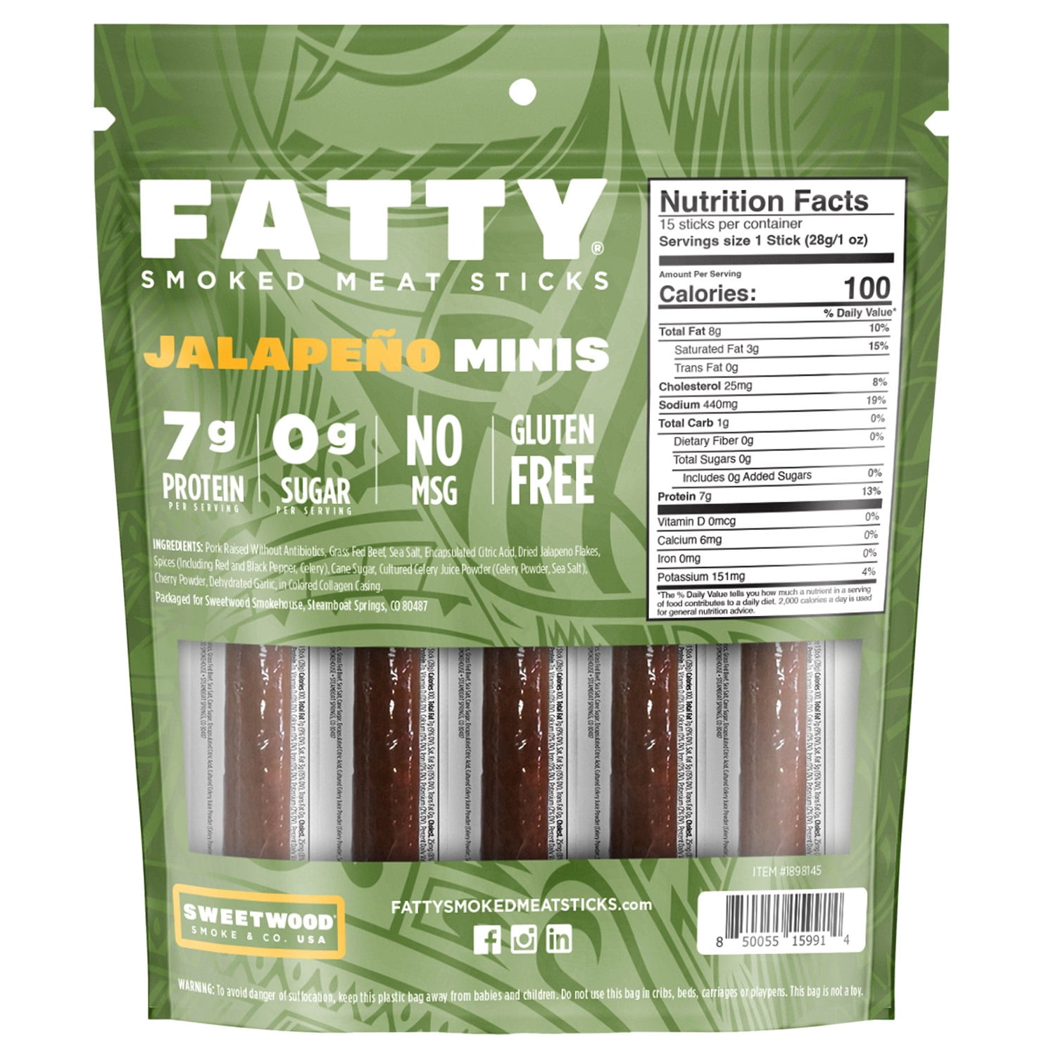 Fatty Smoked Meat Sticks Jalapeno Minis, 1 Ounce (Pack of 15)