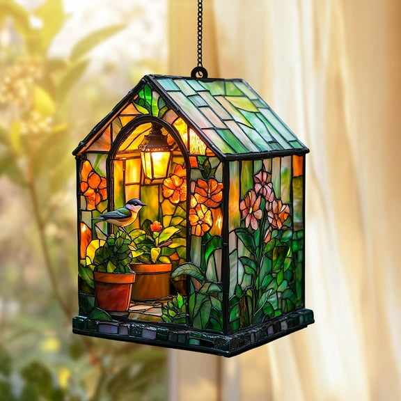 Faux Stained Glass Greenhouse Suncatcher, 2D Acrylic Plant Window Hanging, Nature Lovers Gift for Plant Mom, Housewarming Garden Decor