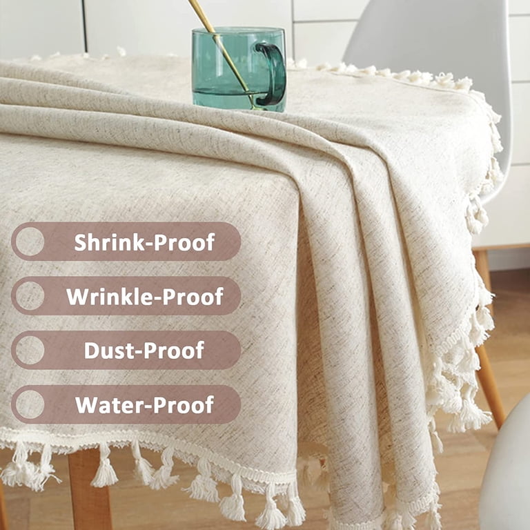 Small Round Tablecloth 36 Inch - Faux Linen Farmhouse Texture With Tassel Edge, Wrinkle Resistant, Washable