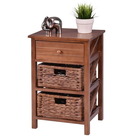 3 Drawer Marble Top Nightstand - Costway 3 Tiers Wood Nightstand 1 Drawer 2 Basket Bedside Table End Table Organizer