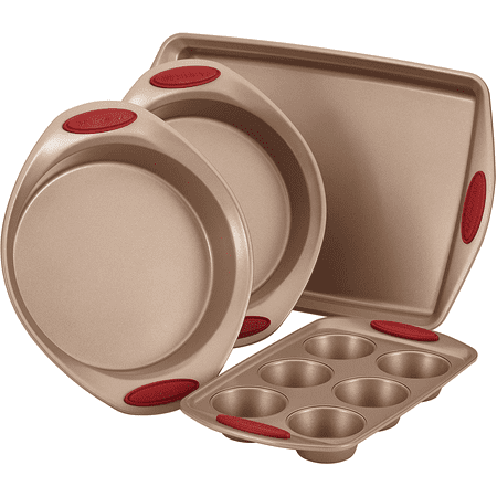 Rachael Ray 52386 Cucina Nonstick Bakeware Set with Grips includes Nonstick Cake Pans, Cookie Sheet / Baking Sheet and Muffin Pan / Cupcake Pan - 4 Piece, Latte Brown with Cranberry Red Ha