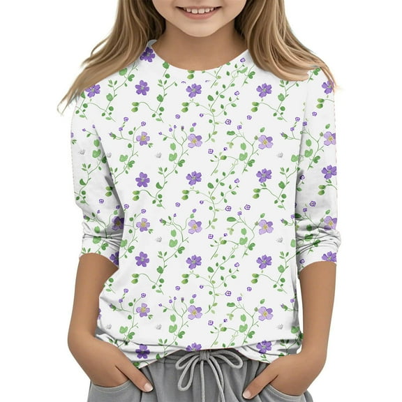 Edvintorg Girls 3/4 Sleeve Tops Fashion Floral Printed Crewneck Casual Pullover Blouses Shirts for Girls 3-12 Years Kids Clothes Girls