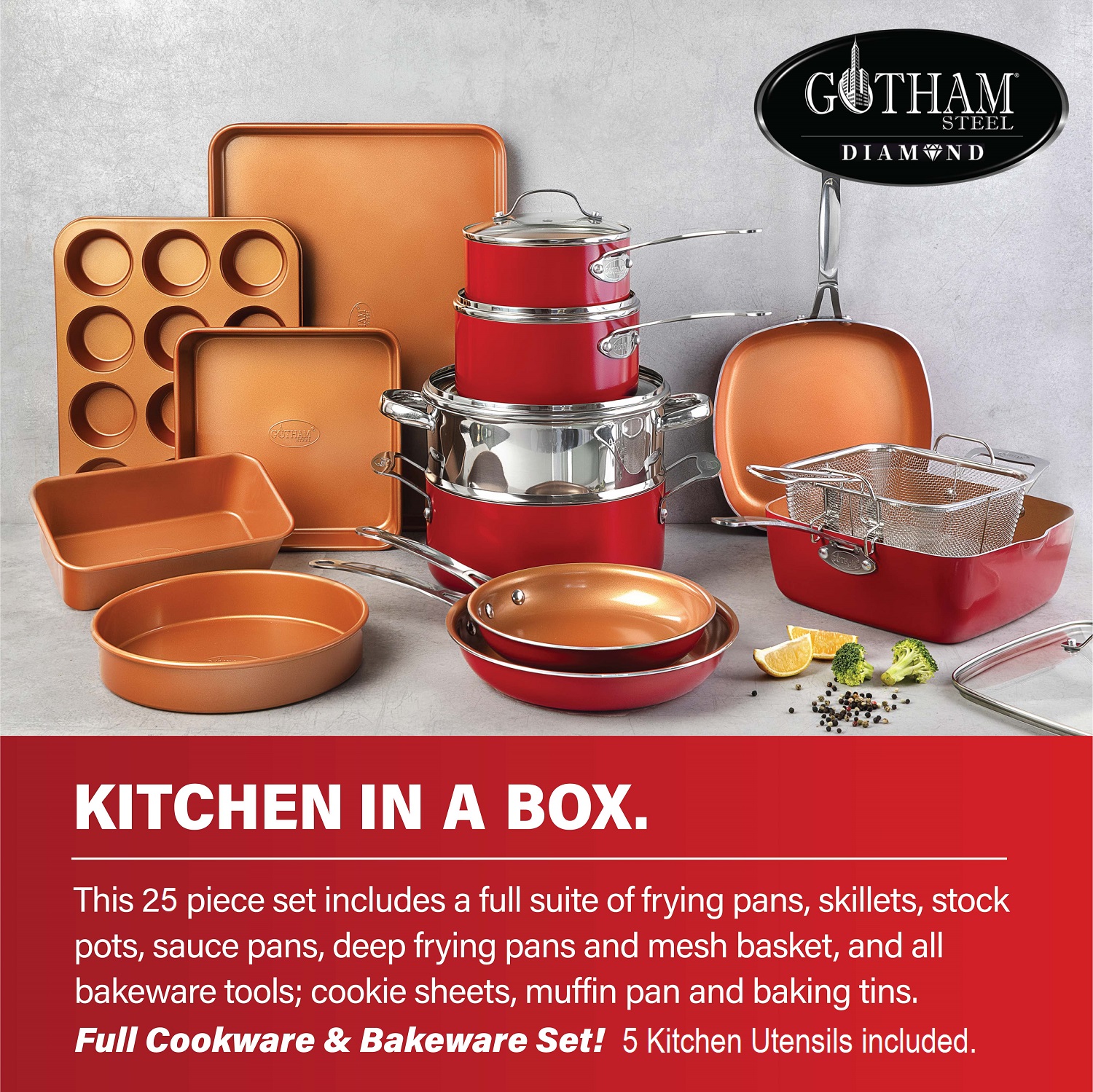 Gotham Steel Kitchen-in-a-box 25 Piece Cookware set, Non-stick Pots & Pans with Utensils, Red/Copper
