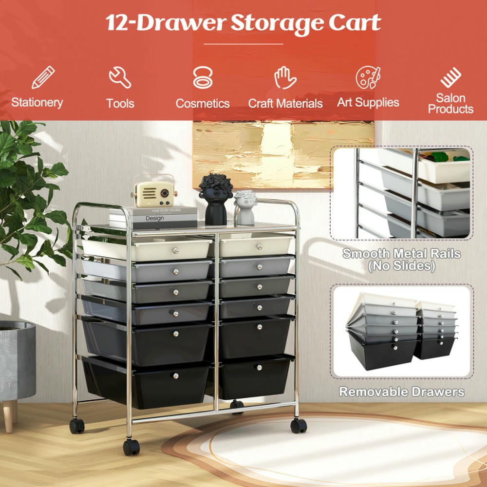 Canddidliike 12-Drawer Rolling Storage Cart with Removable Drawers and Lockable Wheels, Craft Organizers and Storage, Multipurpose Organizer Cart for Home, Office, School, Gray